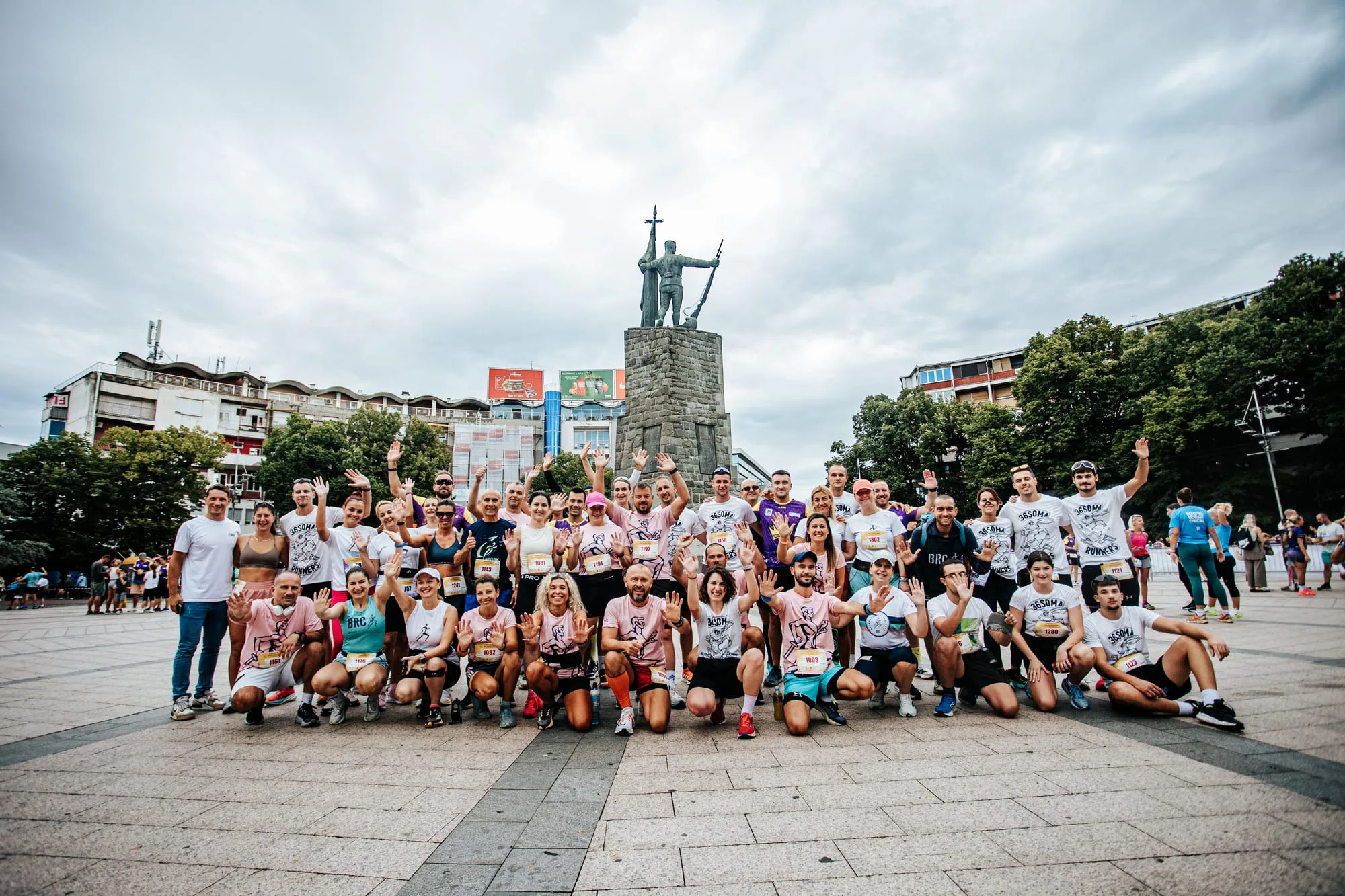 Club runners together on the square after race day in Kraljevo